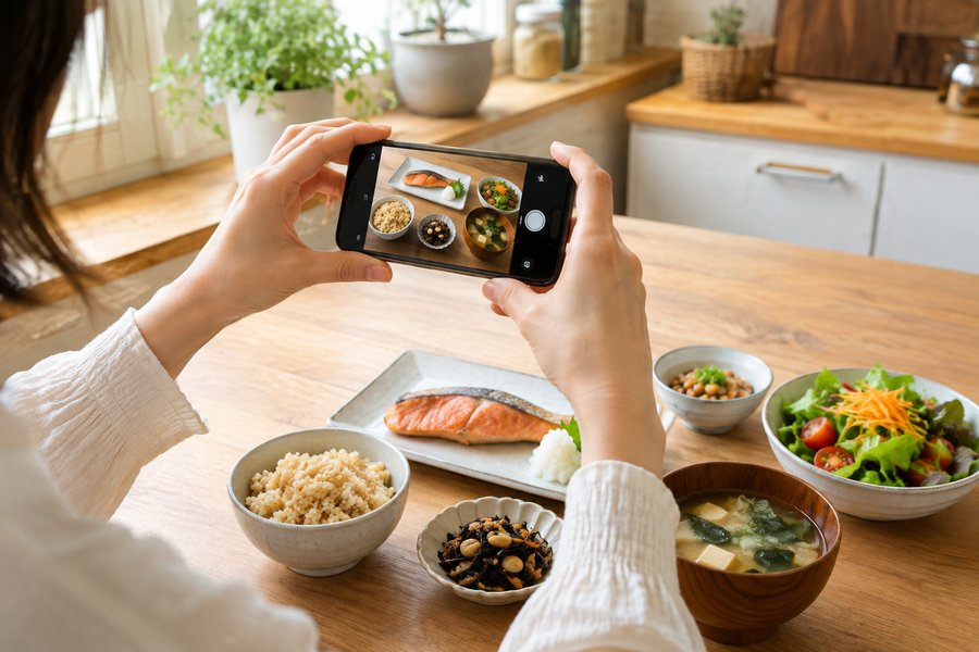 健康的な食事をスマートフォンで撮影する手元
